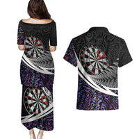 Personalized NZ Darts Couples Matching Puletasi and Hawaiian Shirt Paua Shell Maori Koru Whakairo - Purple - Polynesian Pride