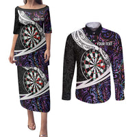 Personalized NZ Darts Couples Matching Puletasi and Long Sleeve Button Shirt Paua Shell Maori Koru Whakairo - Purple - Polynesian Pride