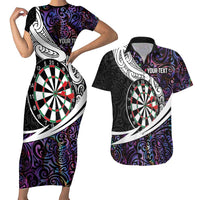 Personalized NZ Darts Couples Matching Short Sleeve Bodycon Dress and Hawaiian Shirt Paua Shell Maori Koru Whakairo - Purple - Polynesian Pride
