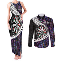 Personalized NZ Darts Couples Matching Tank Maxi Dress and Long Sleeve Button Shirt Paua Shell Maori Koru Whakairo - Purple - Polynesian Pride