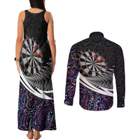 Personalized NZ Darts Couples Matching Tank Maxi Dress and Long Sleeve Button Shirt Paua Shell Maori Koru Whakairo - Purple - Polynesian Pride