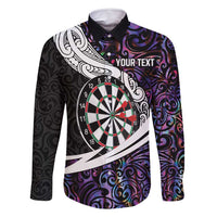 Personalized NZ Darts Family Matching Long Sleeve Bodycon Dress and Hawaiian Shirt Paua Shell Maori Koru Whakairo - Purple - Polynesian Pride