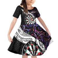 Personalized NZ Darts Family Matching Off Shoulder Short Dress and Hawaiian Shirt Paua Shell Maori Koru Whakairo - Purple - Polynesian Pride