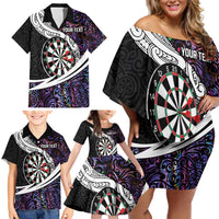 Personalized NZ Darts Family Matching Off Shoulder Short Dress and Hawaiian Shirt Paua Shell Maori Koru Whakairo - Purple - Polynesian Pride