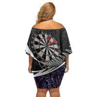 Personalized NZ Darts Family Matching Off Shoulder Short Dress and Hawaiian Shirt Paua Shell Maori Koru Whakairo - Purple - Polynesian Pride