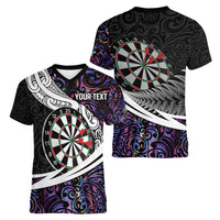 Personalized NZ Darts Women V-Neck T-Shirt Paua Shell Maori Koru Whakairo - Purple - Polynesian Pride
