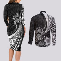 Personalised Polynesian Couples Matching Long Sleeve Bodycon Dress and Long Sleeve Button Shirts Bulldog With Polynesian Patterns LT7 - Polynesian Pride