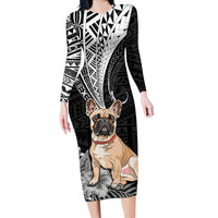 Personalised Polynesian Long Sleeve Bodycon Dress Bulldog With Polynesian Patterns LT7 Long Dress Black - Polynesian Pride