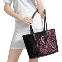 Polynesian Pink Power Leather Tote Bag Breast Cancer Ribbon Turtle and Flowers