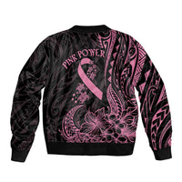Polynesian Pink Power Sleeve Zip Bomber Jacket Breast Cancer Ribbon Turtle and Flowers