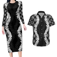 Hawaii Aloha Plumeria Lei Black Palaka Couples Matching Long Sleeve Bodycon Dress and Hawaiian Shirt - Polynesian Pride
