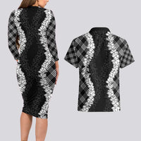 Hawaii Aloha Plumeria Lei Black Palaka Couples Matching Long Sleeve Bodycon Dress and Hawaiian Shirt - Polynesian Pride