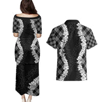 Hawaii Aloha Plumeria Lei Black Palaka Couples Matching Puletasi and Hawaiian Shirt - Polynesian Pride