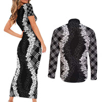 Hawaii Aloha Plumeria Lei Black Palaka Couples Matching Short Sleeve Bodycon Dress and Long Sleeve Button Shirt - Polynesian Pride