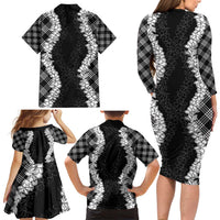 Hawaii Aloha Plumeria Lei Black Palaka Family Matching Long Sleeve Bodycon Dress and Hawaiian Shirt - Polynesian Pride