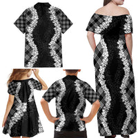 Hawaii Aloha Plumeria Lei Black Palaka Family Matching Off Shoulder Maxi Dress and Hawaiian Shirt - Polynesian Pride