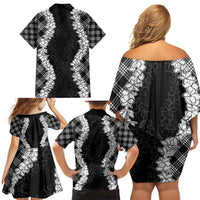Hawaii Aloha Plumeria Lei Black Palaka Family Matching Off Shoulder Short Dress and Hawaiian Shirt - Polynesian Pride