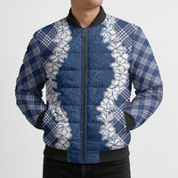 Hawaii Aloha Plumeria Lei Navy Palaka Bomber Puffer Jacket - Polynesian Pride