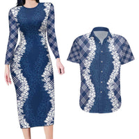Hawaii Aloha Plumeria Lei Navy Palaka Couples Matching Long Sleeve Bodycon Dress and Hawaiian Shirt - Polynesian Pride