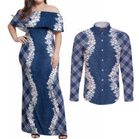 Hawaii Aloha Plumeria Lei Navy Palaka Couples Matching Off Shoulder Maxi Dress and Long Sleeve Button Shirt - Polynesian Pride