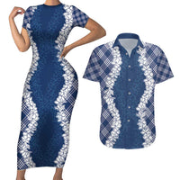 Hawaii Aloha Plumeria Lei Navy Palaka Couples Matching Short Sleeve Bodycon Dress and Hawaiian Shirt - Polynesian Pride