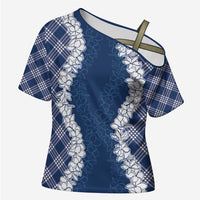 Hawaii Aloha Plumeria Lei Navy Palaka Cross Shoulder Shirt - Polynesian Pride