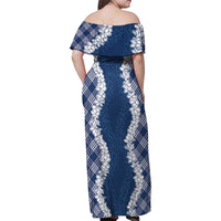 Hawaii Aloha Plumeria Lei Navy Palaka Family Matching Off Shoulder Maxi Dress and Hawaiian Shirt - Polynesian Pride