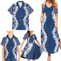Hawaii Aloha Plumeria Lei Navy Palaka Family Matching Summer Maxi Dress and Hawaiian Shirt - Polynesian Pride