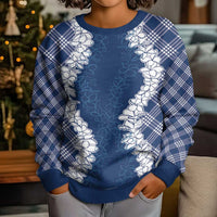 Hawaii Aloha Plumeria Lei Navy Palaka Kid Ugly Christmas Sweater - Polynesian Pride