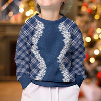 Hawaii Aloha Plumeria Lei Navy Palaka Kid Ugly Christmas Sweater - Polynesian Pride