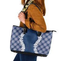 Hawaii Aloha Plumeria Lei Navy Palaka Leather Tote Bag - Polynesian Pride