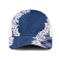 Hawaii Aloha Plumeria Lei Navy Palaka Mesh Trucker Cap - Polynesian Pride