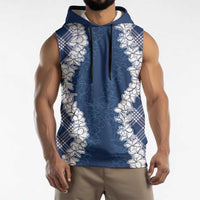 Hawaii Aloha Plumeria Lei Navy Palaka Sleeveless Hoodie - Polynesian Pride