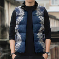 Hawaii Aloha Plumeria Lei Navy Palaka Sleeveless Puffer Jacket - Polynesian Pride