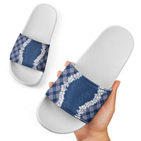 Hawaii Aloha Plumeria Lei Navy Palaka Slide Sandals - Polynesian Pride