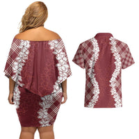 Hawaii Aloha Plumeria Lei Scarlet Palaka Couples Matching Off Shoulder Short Dress and Hawaiian Shirt - Polynesian Pride