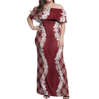 Hawaii Aloha Plumeria Lei Scarlet Palaka Off Shoulder Maxi Dress - Polynesian Pride