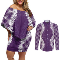 Hawaii Aloha Plumeria Lei Violet Palaka Couples Matching Off Shoulder Short Dress and Long Sleeve Button Shirt - Polynesian Pride