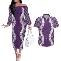 Hawaii Aloha Plumeria Lei Violet Palaka Couples Matching Off The Shoulder Long Sleeve Dress and Hawaiian Shirt - Polynesian Pride