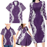 Hawaii Aloha Plumeria Lei Violet Palaka Family Matching Long Sleeve Bodycon Dress and Hawaiian Shirt - Polynesian Pride