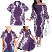 Hawaii Aloha Plumeria Lei Violet Palaka Family Matching Off The Shoulder Long Sleeve Dress and Hawaiian Shirt - Polynesian Pride