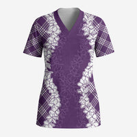 Hawaii Aloha Plumeria Lei Violet Palaka Scrub Top - Polynesian Pride