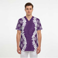 Hawaii Aloha Plumeria Lei Violet Palaka Scrub Top - Polynesian Pride