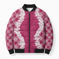 Hawaii Aloha Plumeria Lei Fuschia Palaka Bomber Puffer Jacket - Polynesian Pride