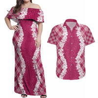Hawaii Aloha Plumeria Lei Fuschia Palaka Couples Matching Off Shoulder Maxi Dress and Hawaiian Shirt - Polynesian Pride
