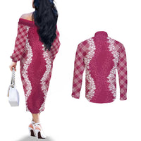 Hawaii Aloha Plumeria Lei Fuschia Palaka Couples Matching Off The Shoulder Long Sleeve Dress and Long Sleeve Button Shirt - Polynesian Pride