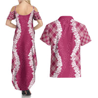 Hawaii Aloha Plumeria Lei Fuschia Palaka Couples Matching Summer Maxi Dress and Hawaiian Shirt - Polynesian Pride
