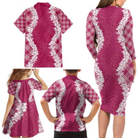 Hawaii Aloha Plumeria Lei Fuschia Palaka Family Matching Long Sleeve Bodycon Dress and Hawaiian Shirt - Polynesian Pride