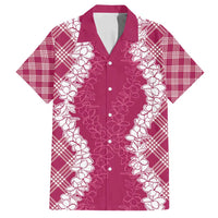 Hawaii Aloha Plumeria Lei Fuschia Palaka Family Matching Off Shoulder Short Dress and Hawaiian Shirt - Polynesian Pride