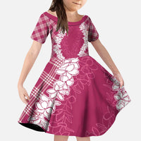Hawaii Aloha Plumeria Lei Fuschia Palaka Kid Short Sleeve Dress - Polynesian Pride